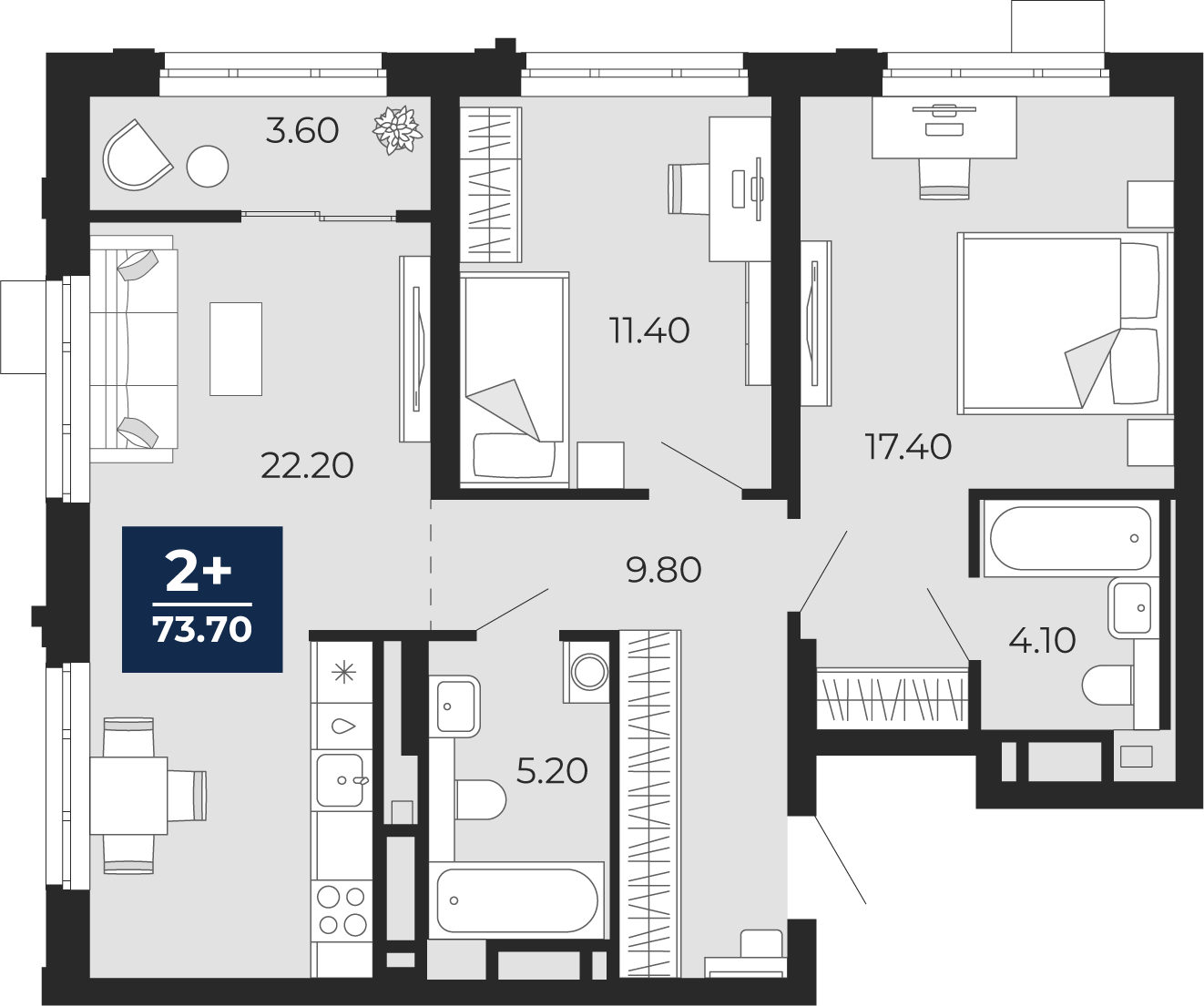 Планировка: Евротрешка 73.7 м² в ЖК Айвазовский, 5-й Заречный