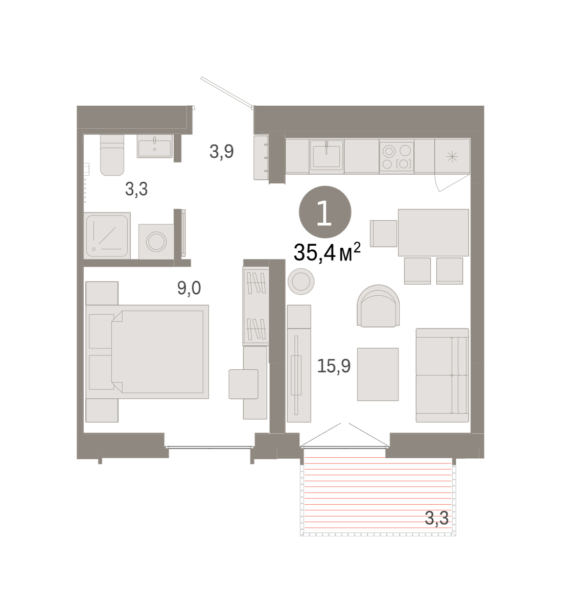 Планировка: Евродвушка 35.4 м² в ЖК Республики 205, Центр: КПД