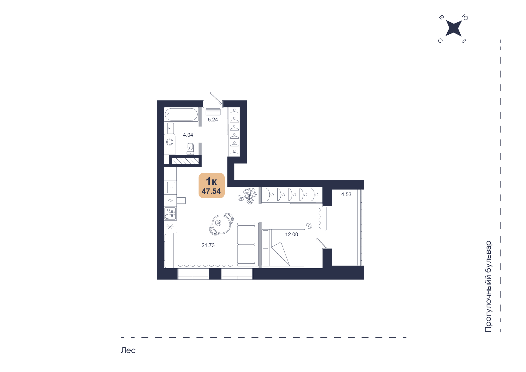 Планировка: Евродвушка 47.5 м² в ЖК Хито, От Слободы до Комарово парк