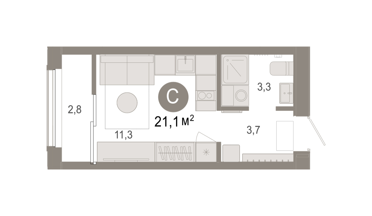 Планировка: Студия 21.1 м² в ЖК Октябрьский на Туре, ДОК