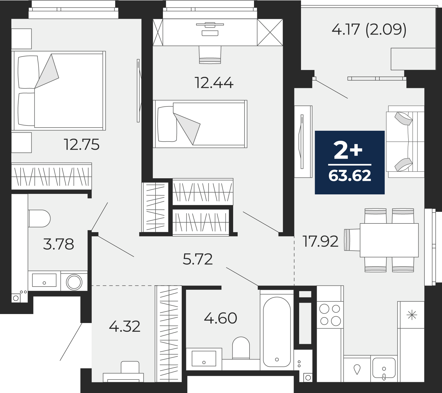 Планировка: Евротрешка 65.7 м² в ЖК Прео, Тюменская слобода