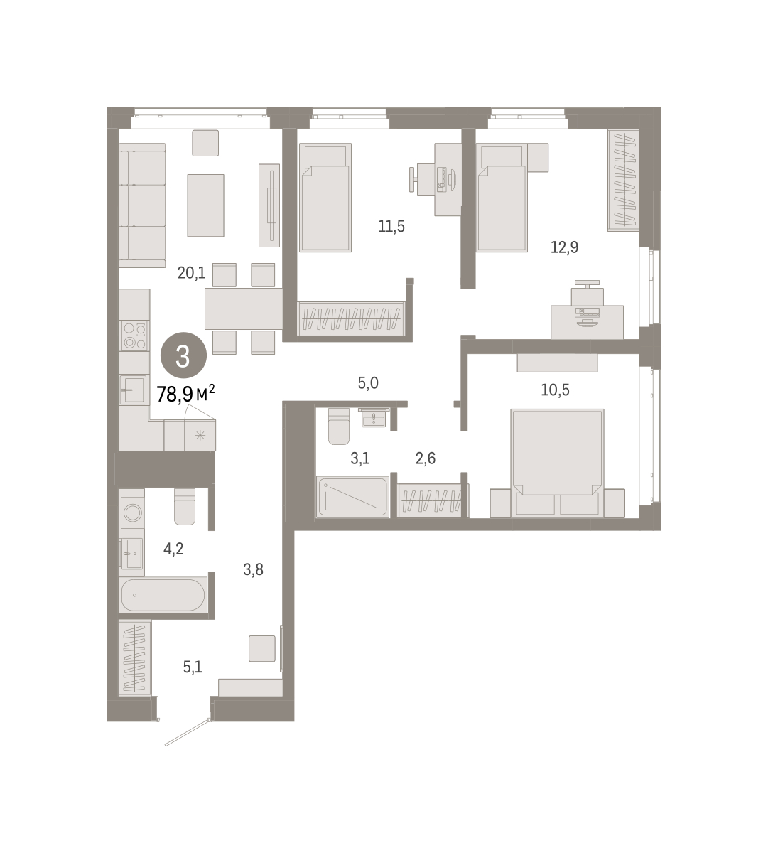 Планировка: 4-комнатная евро 78.9 м² в ЖК Республики 205, Центр: КПД