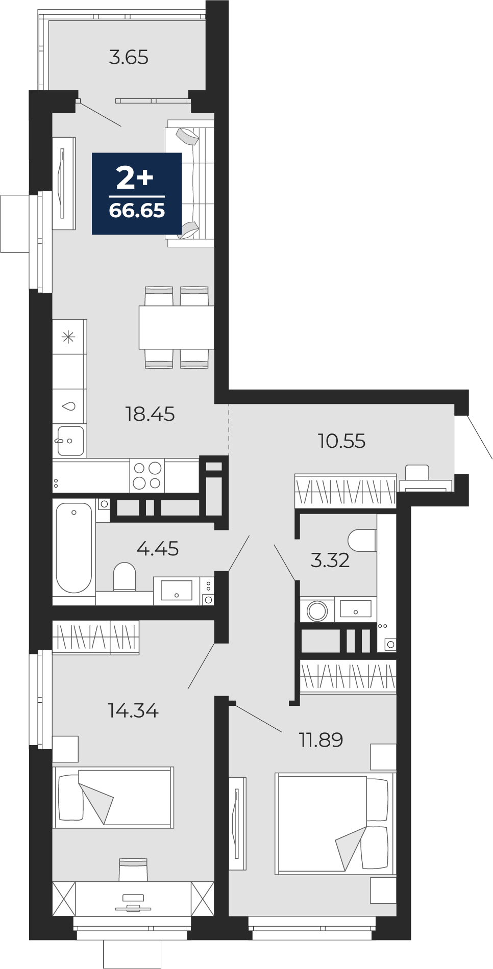 Планировка: Евротрешка 66.7 м² в ЖК Прео, Тюменская слобода