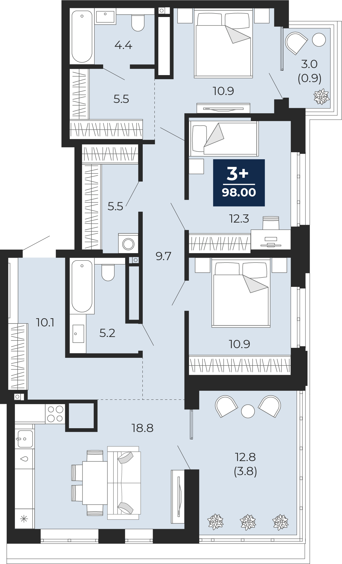 Планировка: 4-комнатная евро 109.1 м² в ЖК Мириады, Мыс