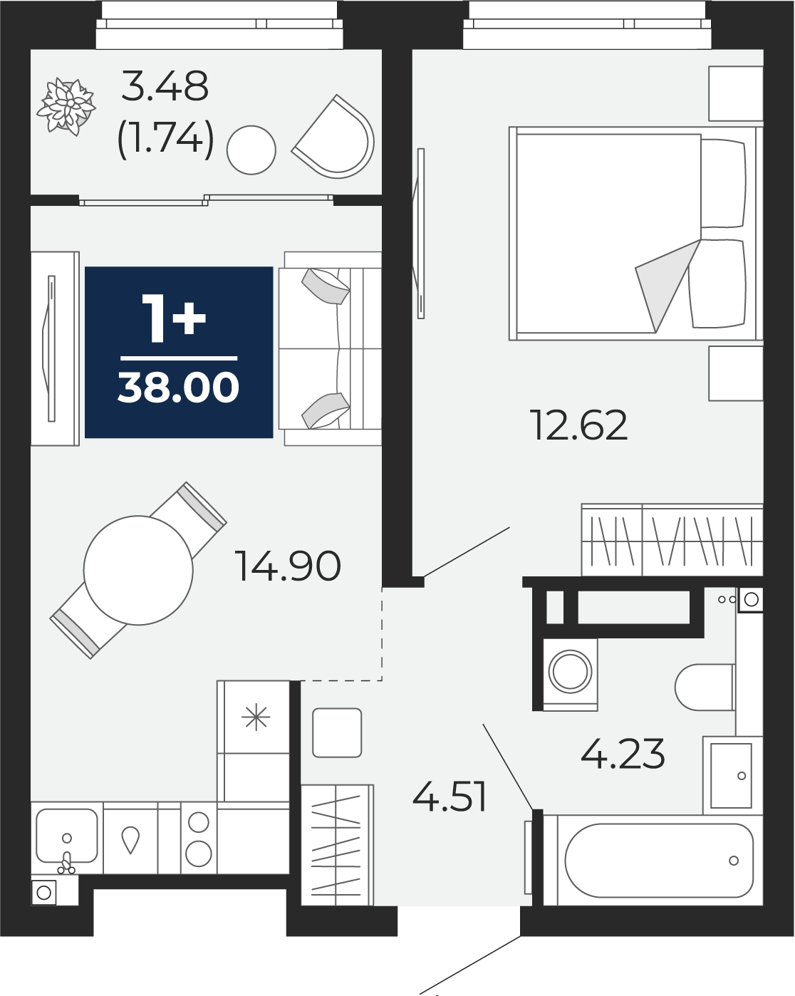 Планировка: Евродвушка 39.7 м² в ЖК Прео, Тюменская слобода