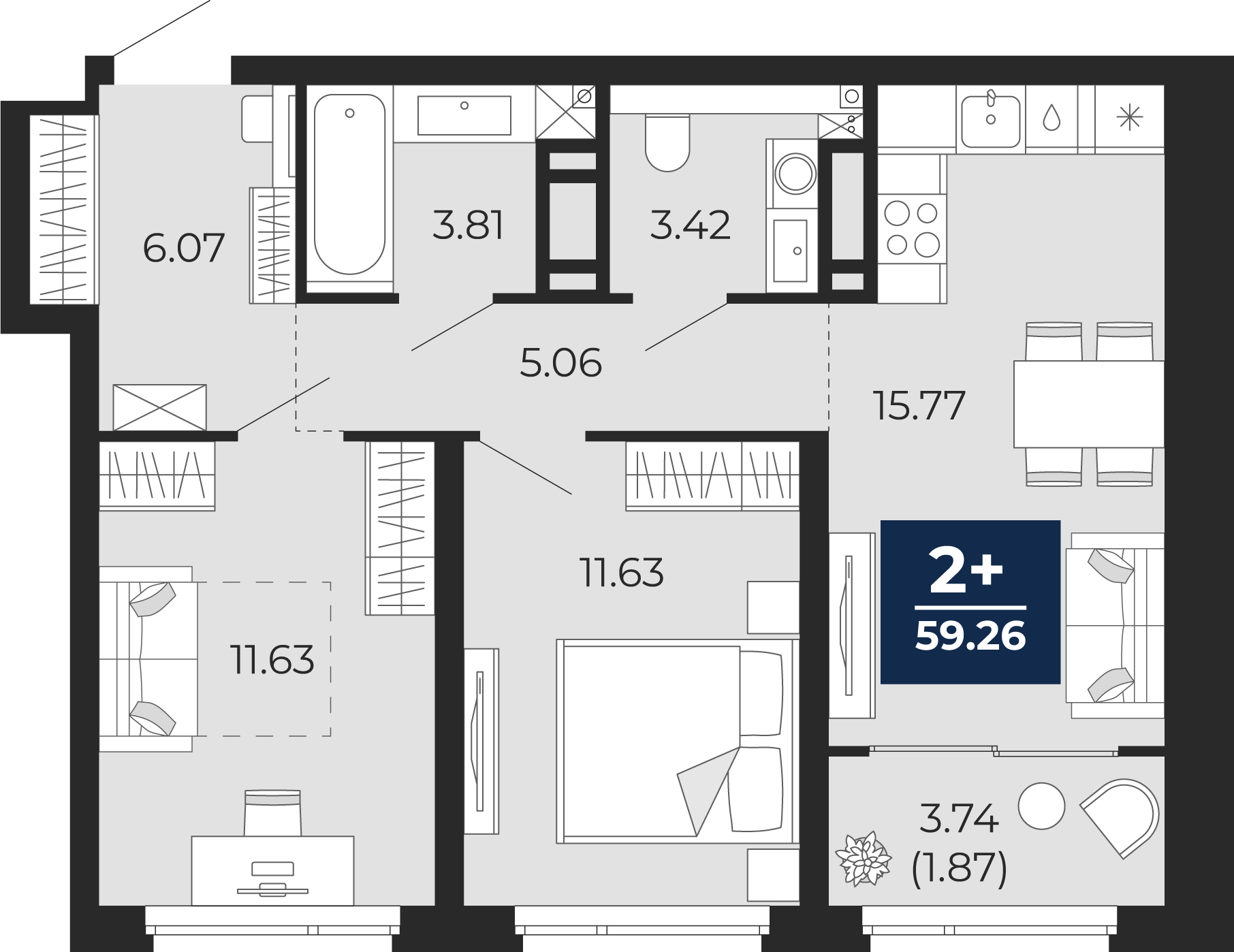 Планировка: Евротрешка 61.1 м² в ЖК Прео, Тюменская слобода