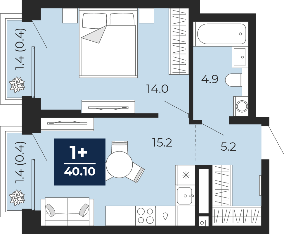 Планировка: Евродвушка 42.1 м² в ЖК Мириады, Мыс