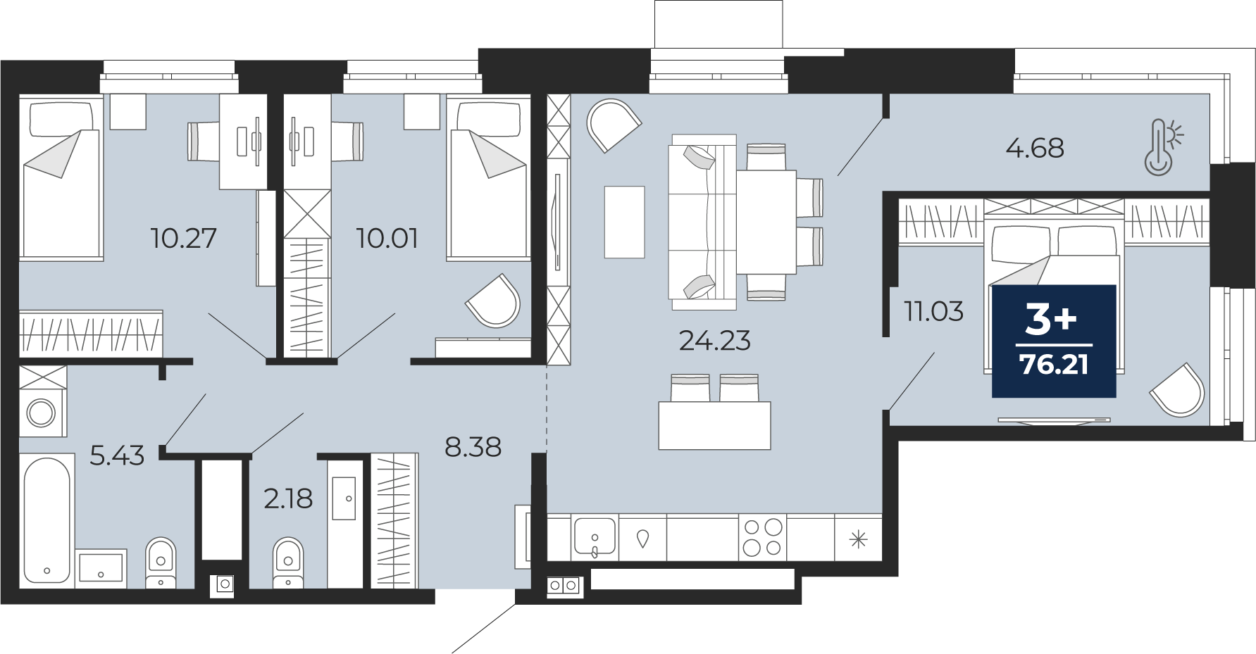 Планировка: 4-комнатная евро 76.2 м² в ЖК Мириады, Мыс