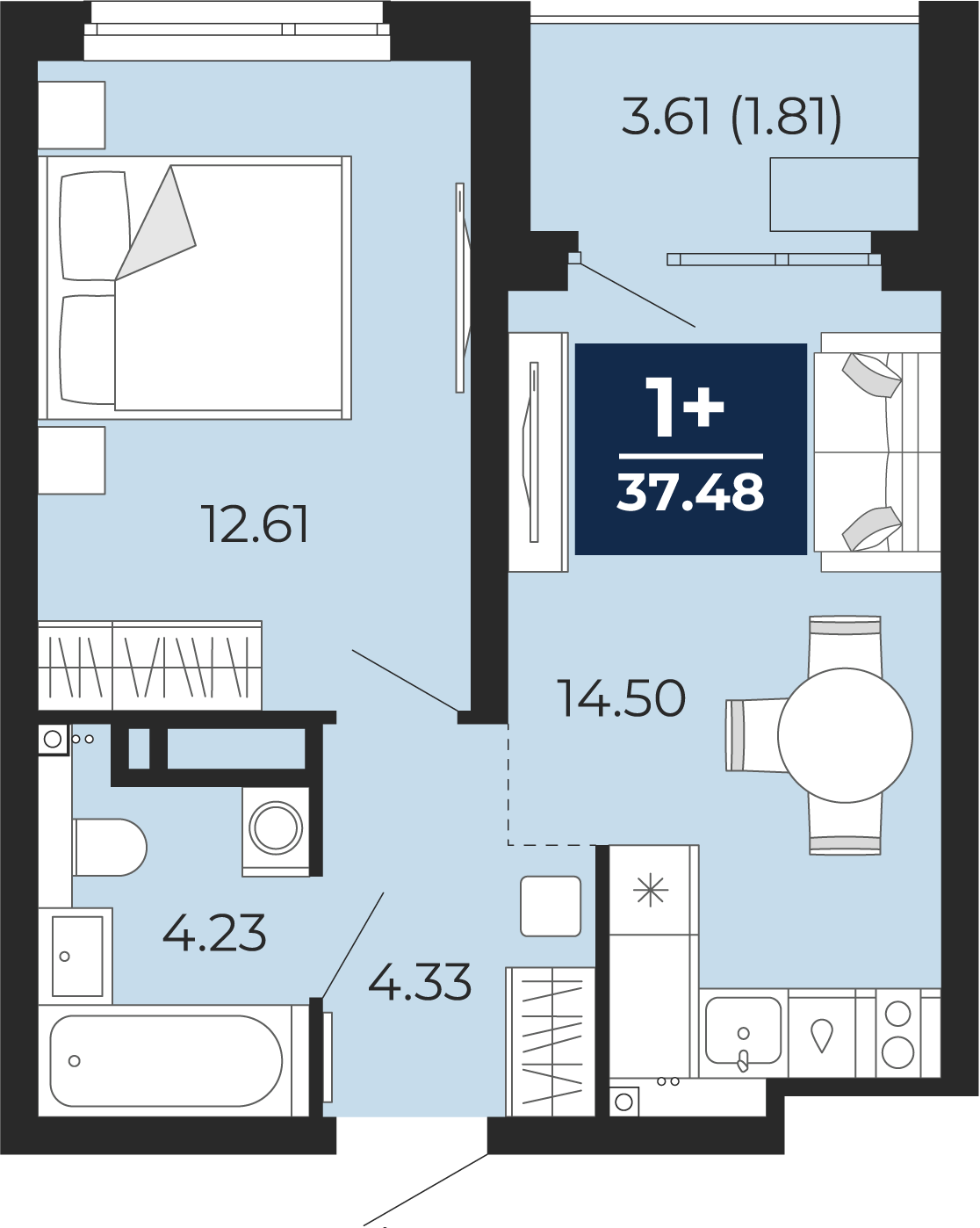 Планировка: Евродвушка 39.3 м² в ЖК Прео, Тюменская слобода