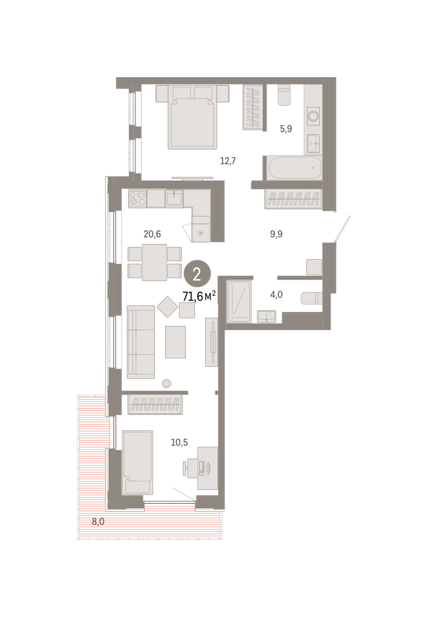 Планировка: 2-комнатная 70.6 м² в ЖК Октябрьский на Туре, ДОК