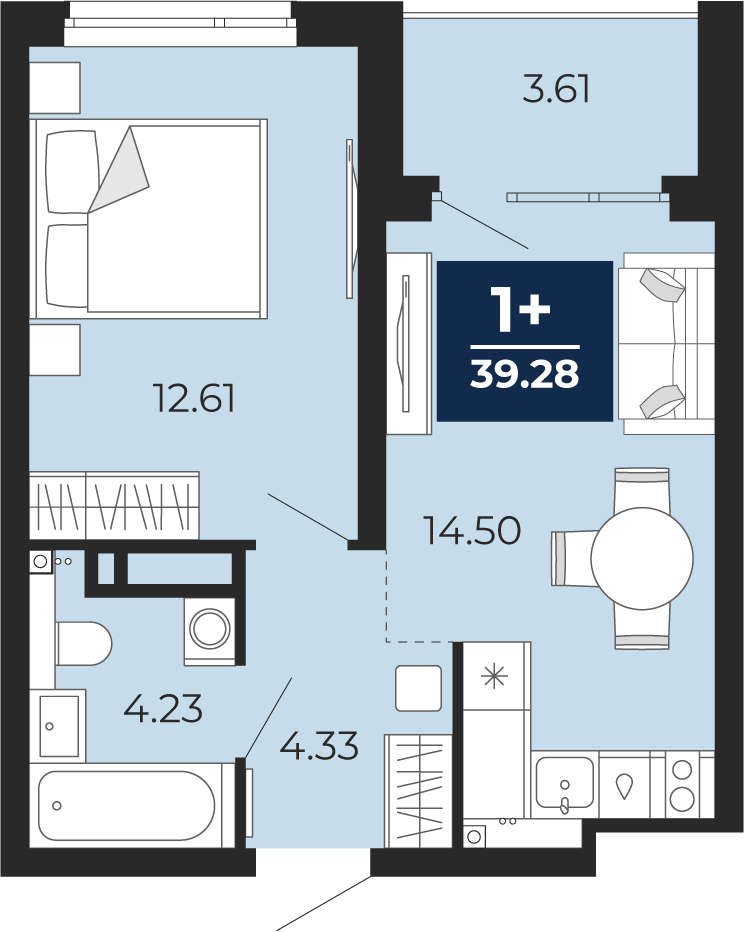 Планировка: Евродвушка 39.3 м² в ЖК Прео, Тюменская слобода