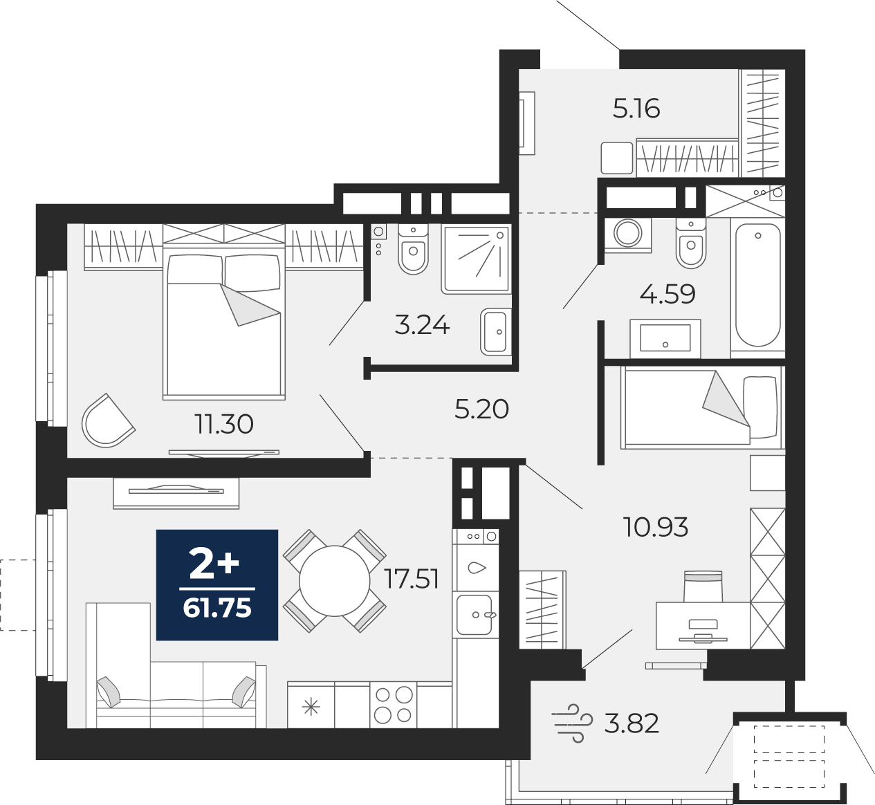 Планировка: Евротрешка 61.8 м² в ЖК Мириады, Мыс