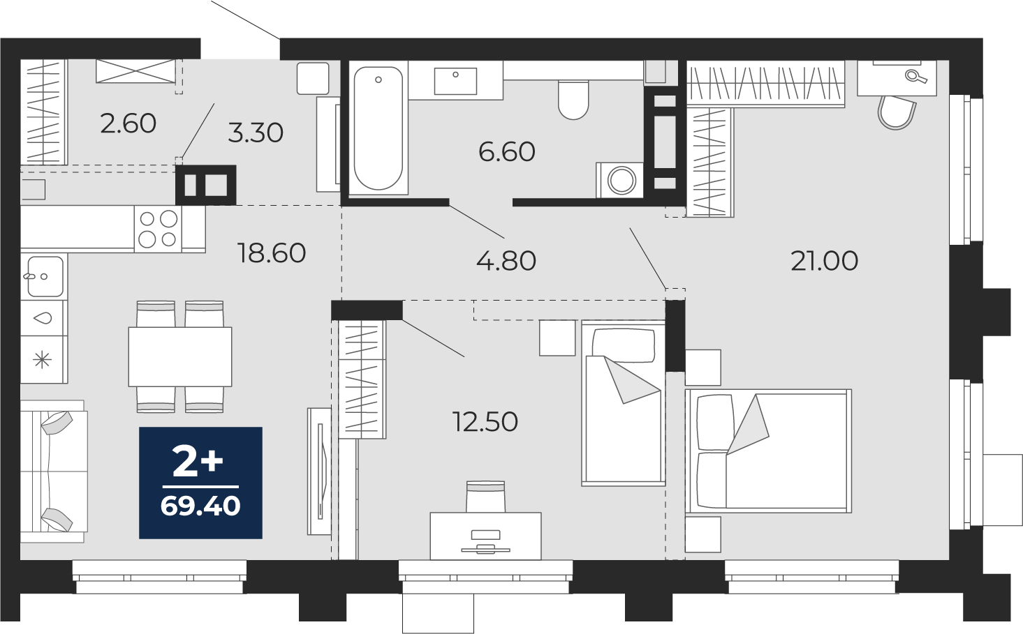 Планировка: Евротрешка 69.4 м² в ЖК Айвазовский, 5-й Заречный