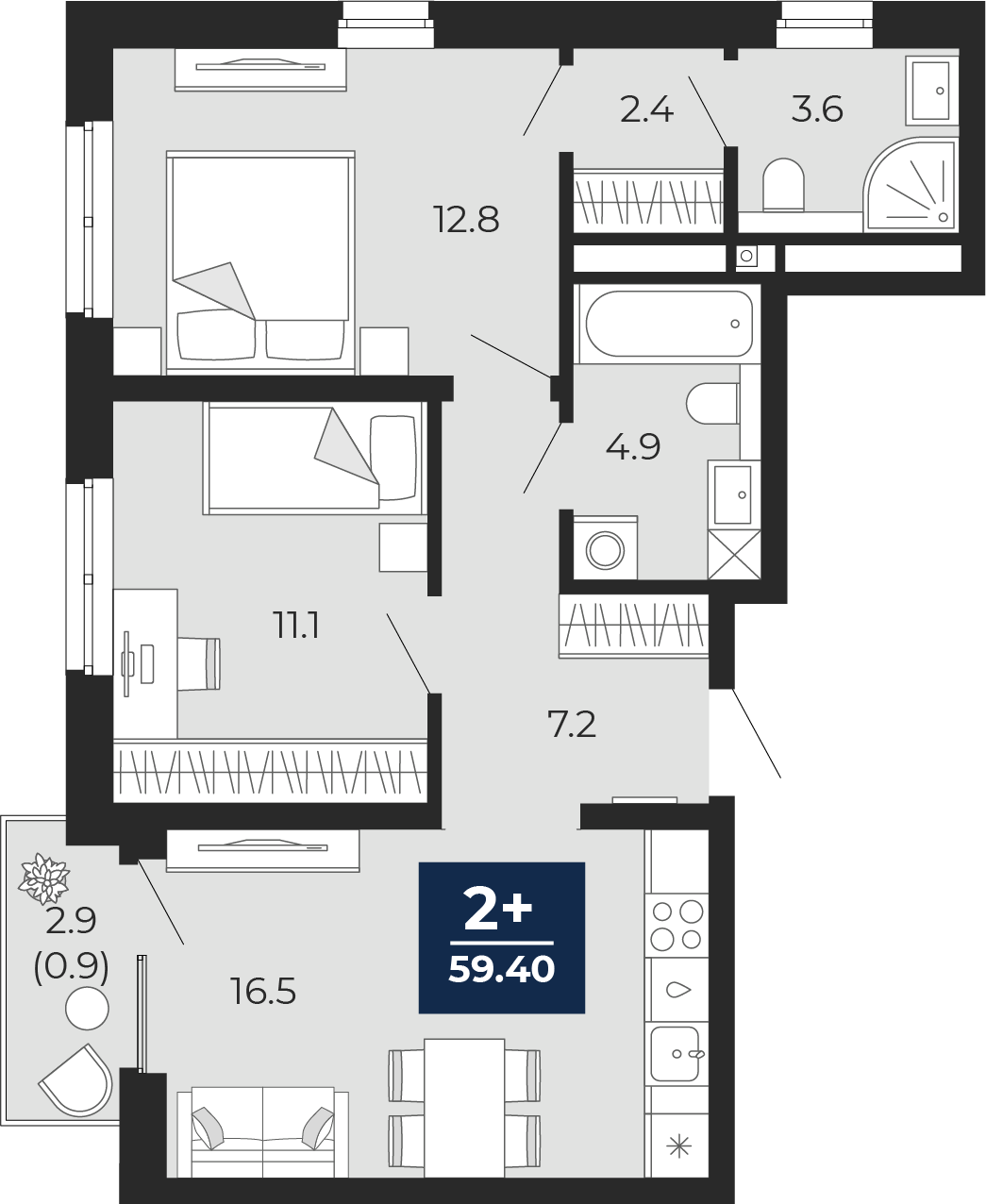 Планировка: Евротрешка 61.4 м² в ЖК Мириады, Мыс