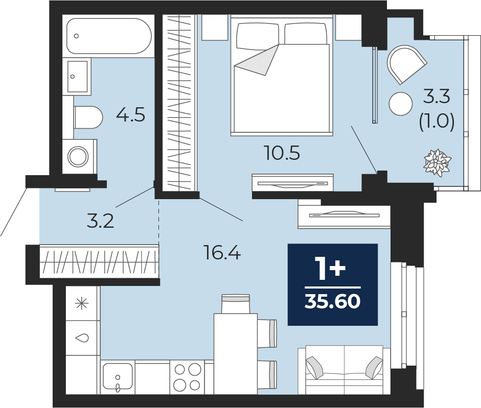 Планировка: Евродвушка 37.9 м² в ЖК Мириады, Мыс