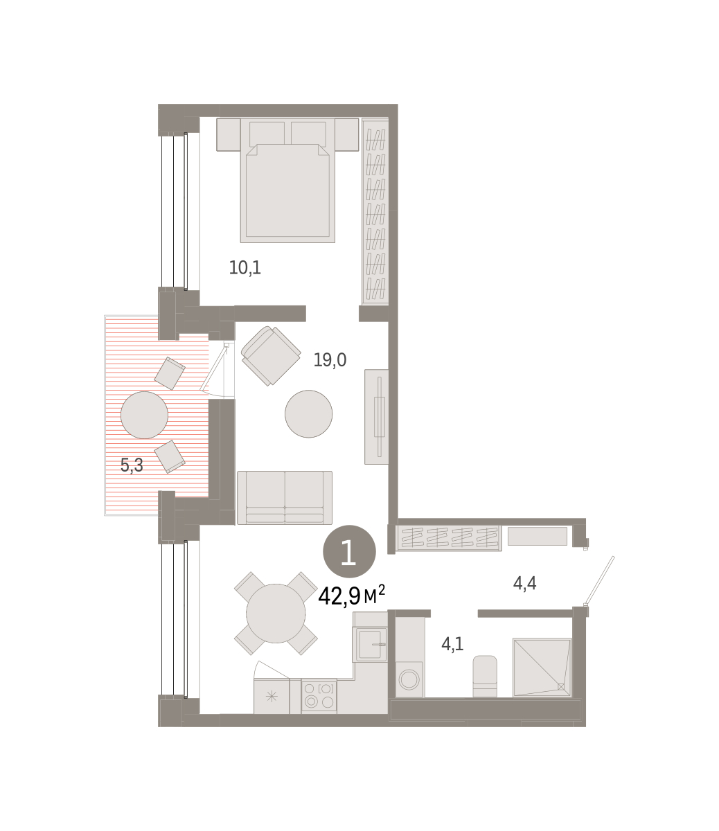 Планировка: Евродвушка 42.9 м² в ЖК Дом у озера, Европейский