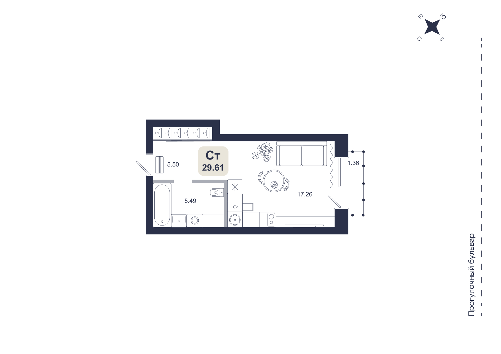 Планировка: Студия 29.6 м² в ЖК Хито, От Слободы до Комарово парк