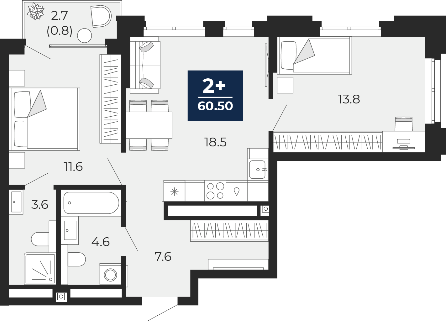 Планировка: 2-комнатная 62.4 м² в ЖК Мириады, Мыс