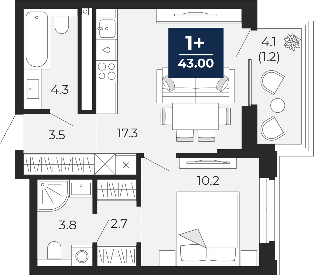 Планировка: Евродвушка 45.9 м² в ЖК Мириады, Мыс