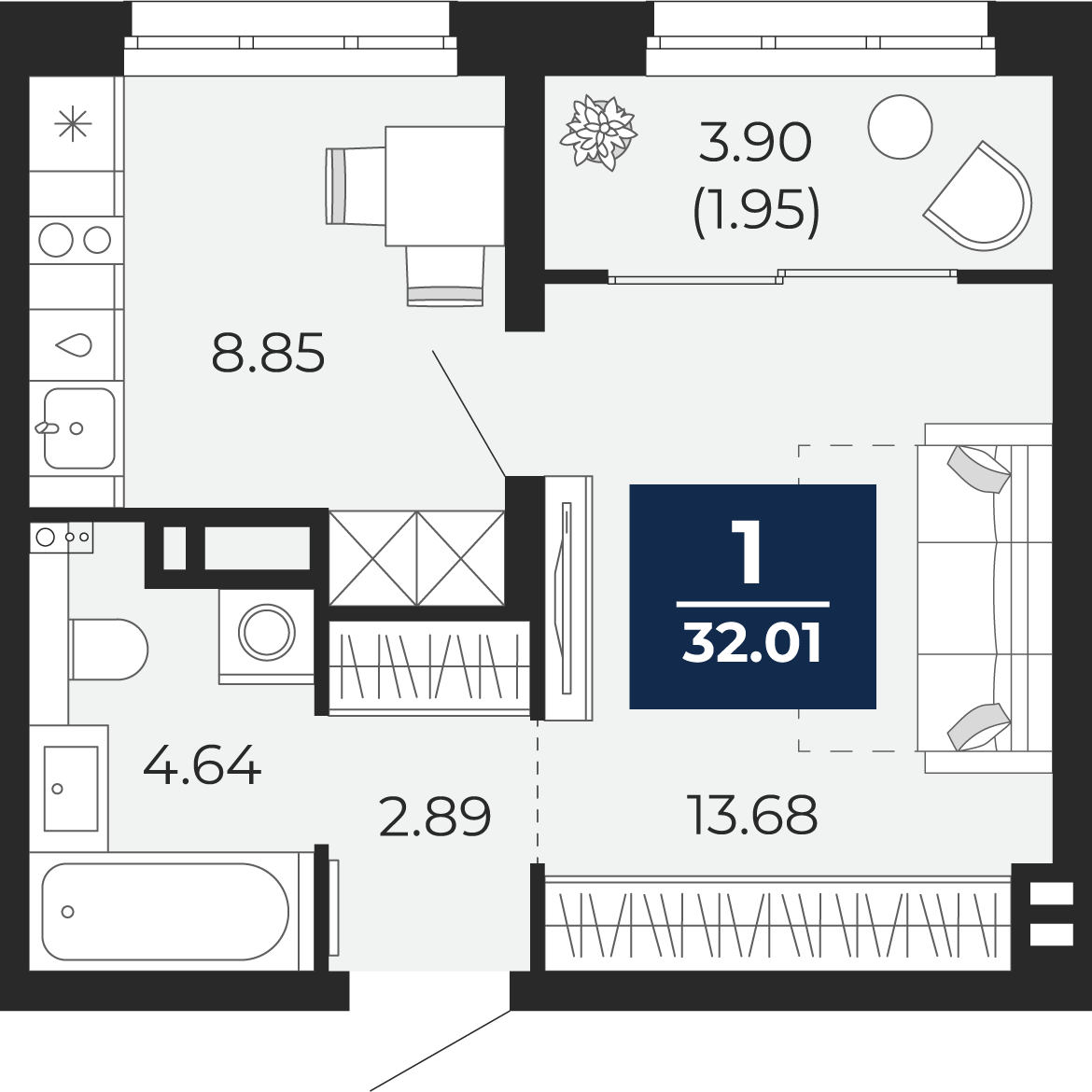 Планировка: 1-комнатная 34 м² в ЖК Беринг, Лесобаза