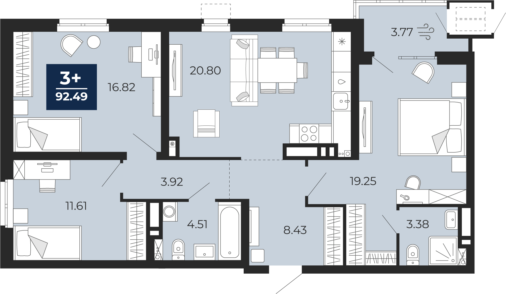 Планировка: 4-комнатная евро 92.5 м² в ЖК Мириады, Мыс