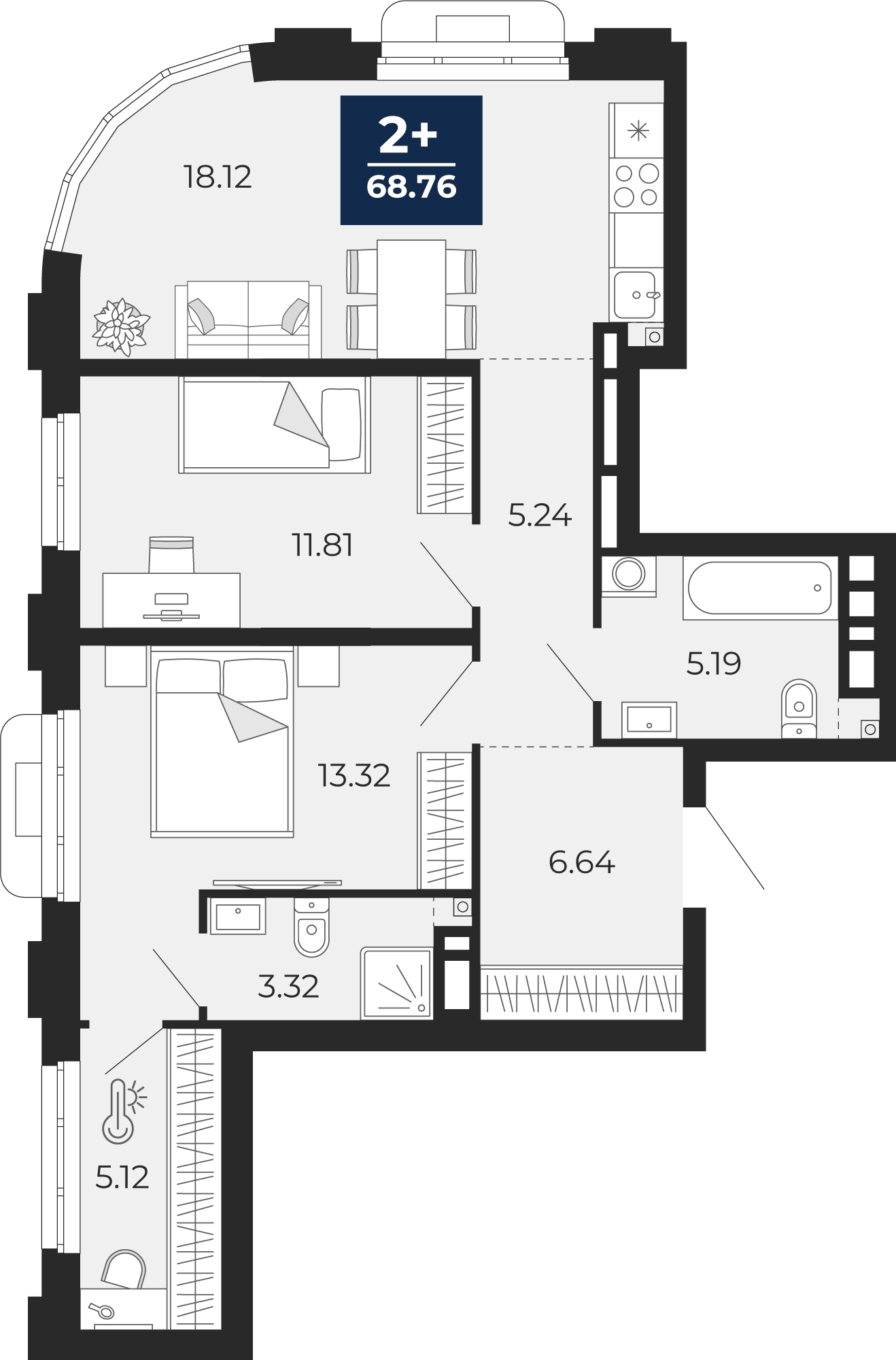 Планировка: Евротрешка 68.8 м² в ЖК Айвазовский, 5-й Заречный