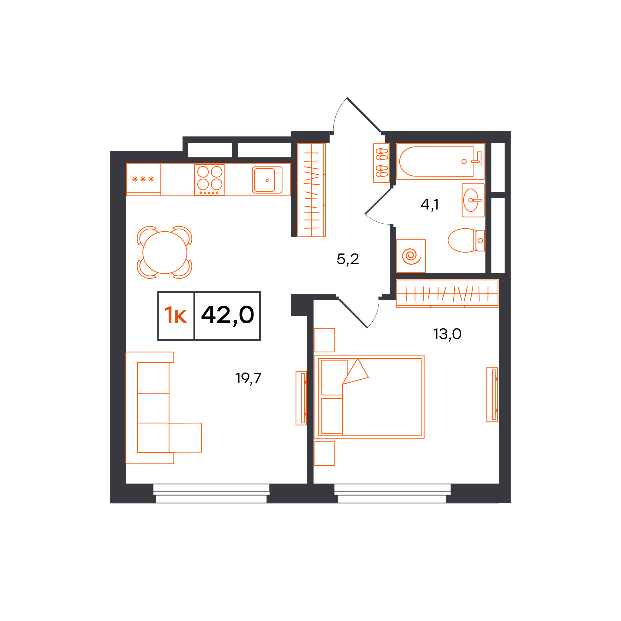 Планировка: Евродвушка 42 м² в ЖК Отличие, Комарово Парк