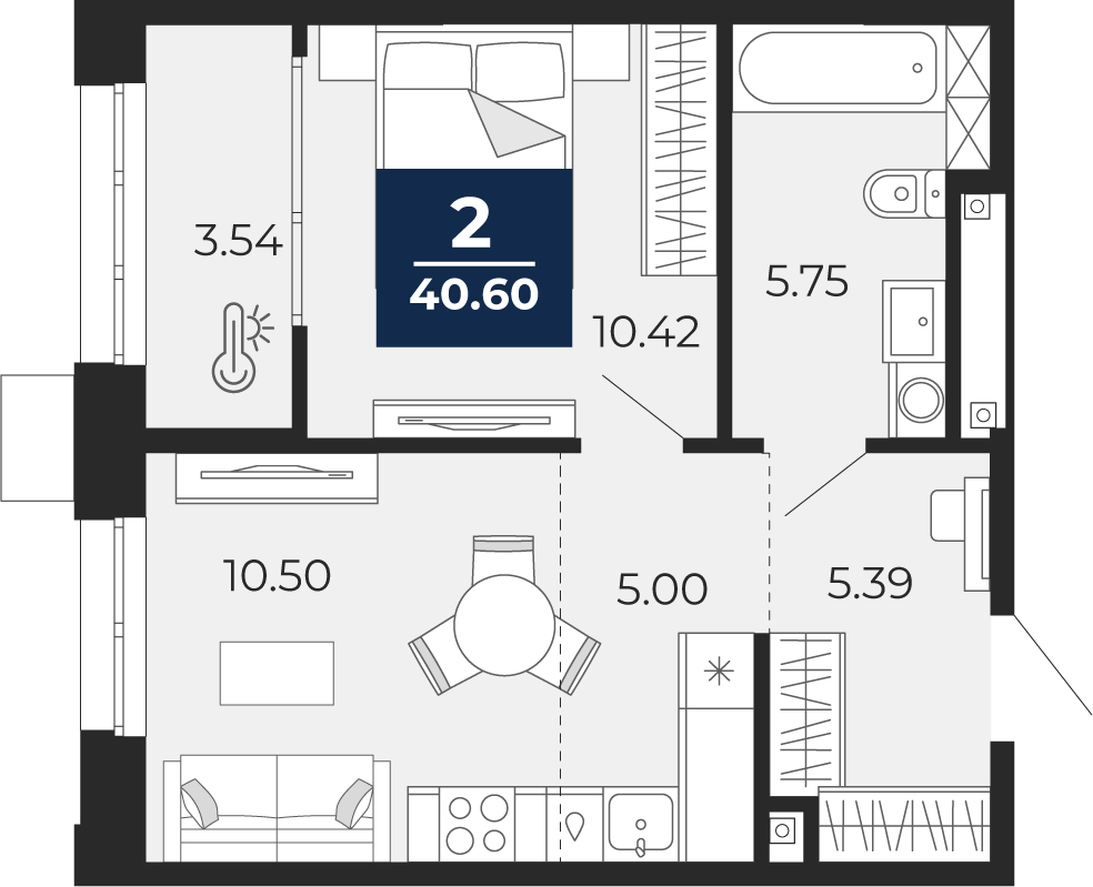 Планировка: Евродвушка 40.6 м² в ЖК Мириады, Мыс