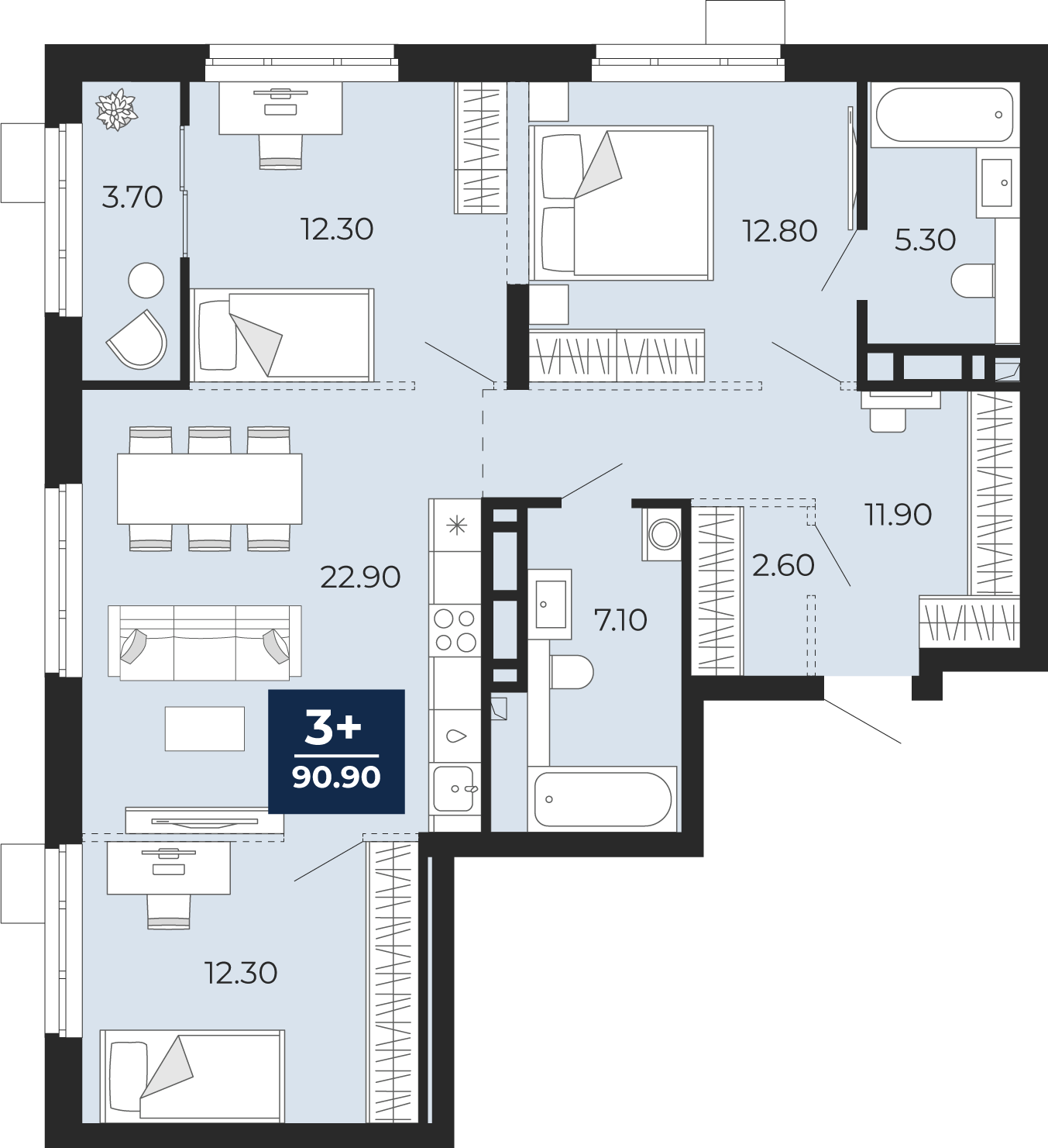 Планировка: 4-комнатная евро 90.9 м² в ЖК Айвазовский, 5-й Заречный