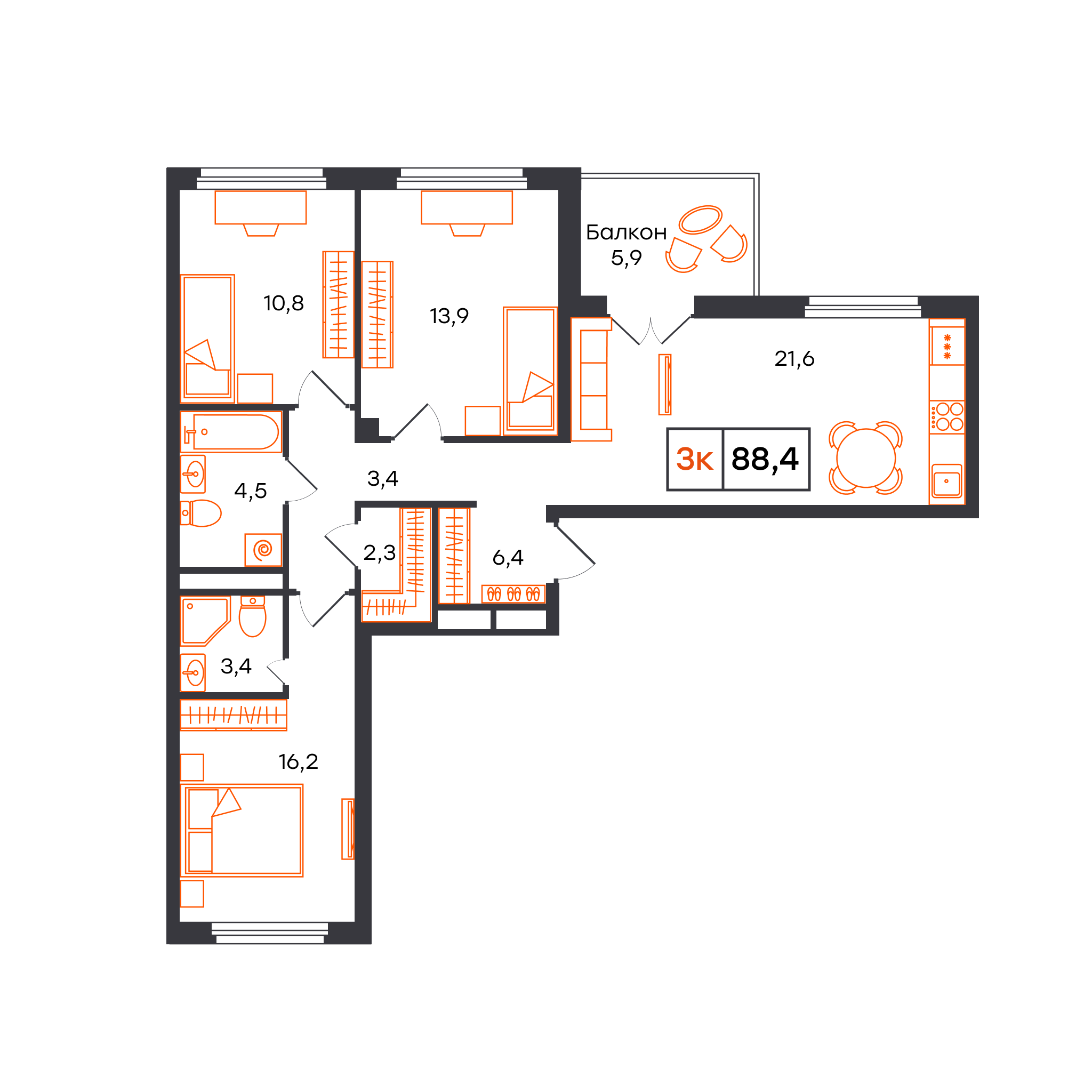 Планировка: 4-комнатная евро 88.4 м² в ЖК Отличие, Комарово Парк