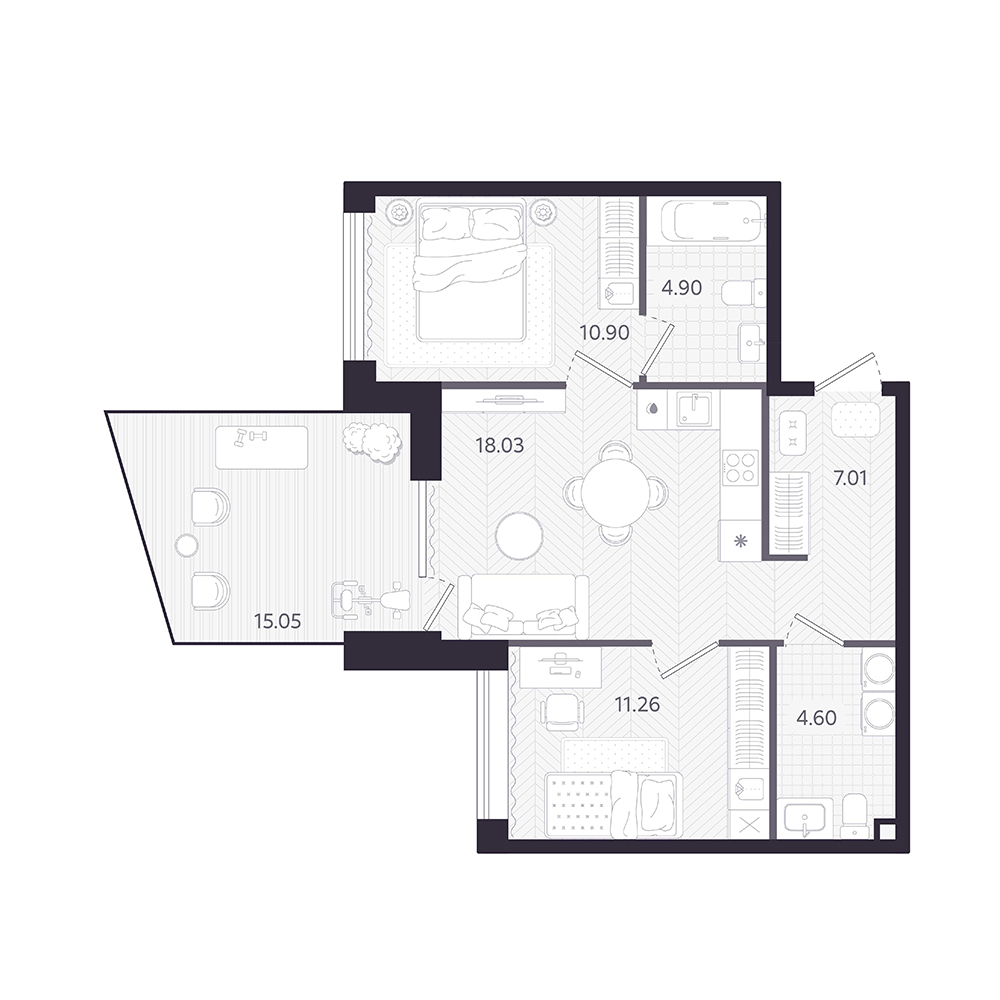 Планировка: 2-комнатная 61.2 м² в ЖК Темплин, Центр