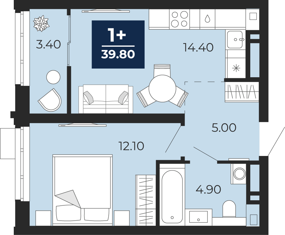 Планировка: Евродвушка 39.8 м² в ЖК Айвазовский, 5-й Заречный