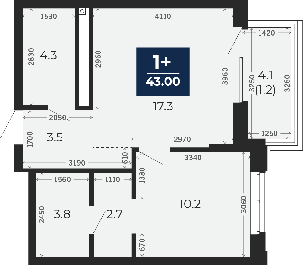 Планировка: Евродвушка 45.9 м² в ЖК Мириады, Мыс
