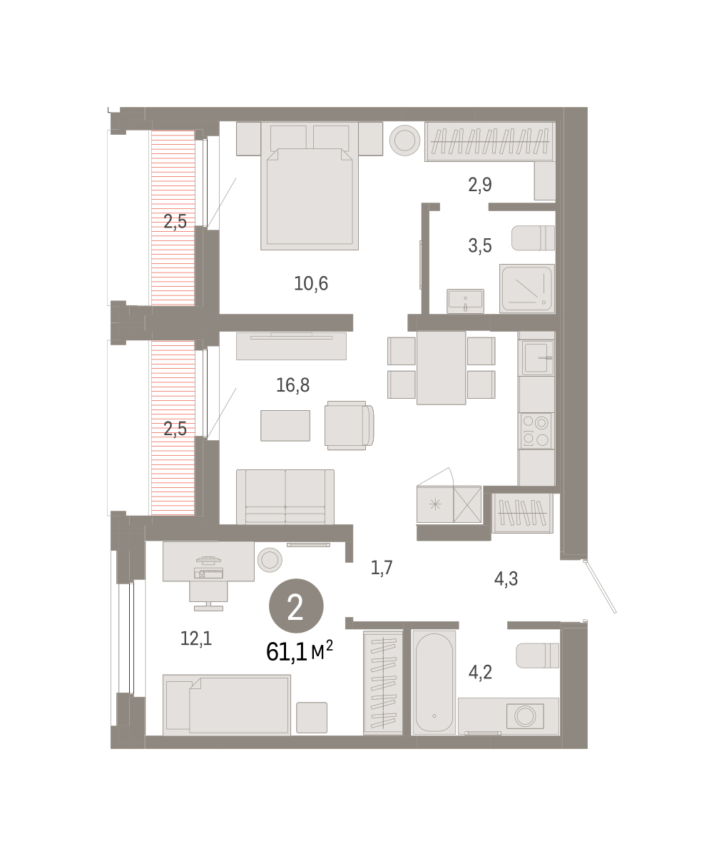 Планировка: 2-комнатная 61 м² в ЖК Зарека, Заречный
