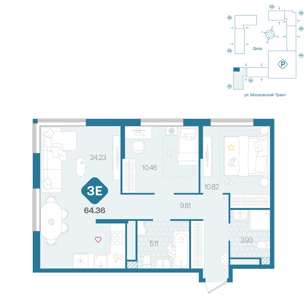 Планировка: Евротрешка 64.4 м² в ЖК Сибирский, Московский тракт