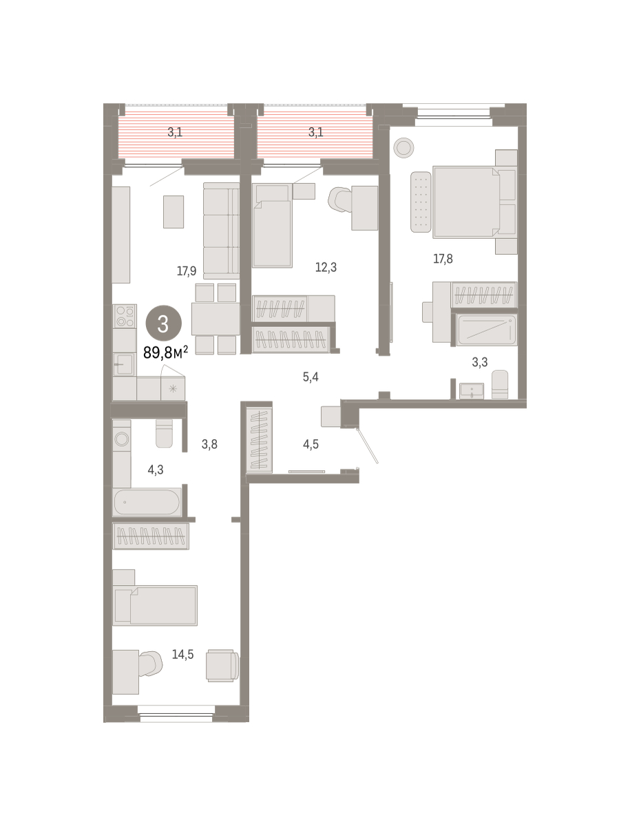 Планировка: 3-комнатная 89.8 м² в ЖК Зарека, Заречный