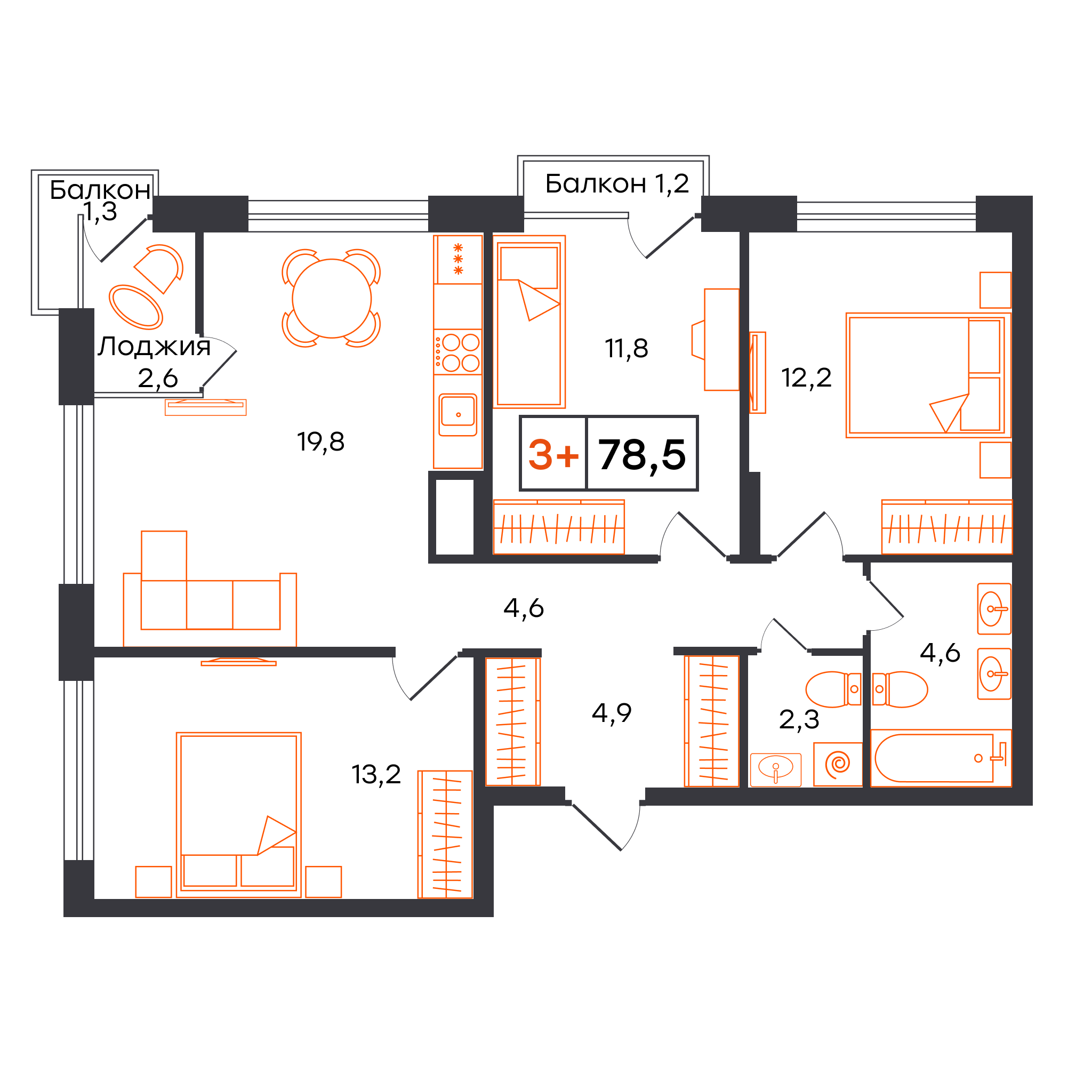 Планировка: 4-комнатная евро 78.5 м² в ЖК Умный квартал UNO, Московский тракт