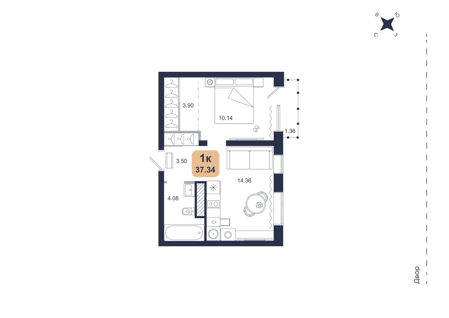 Планировка: Евродвушка 37.3 м² в ЖК Хито, От Слободы до Комарово парк