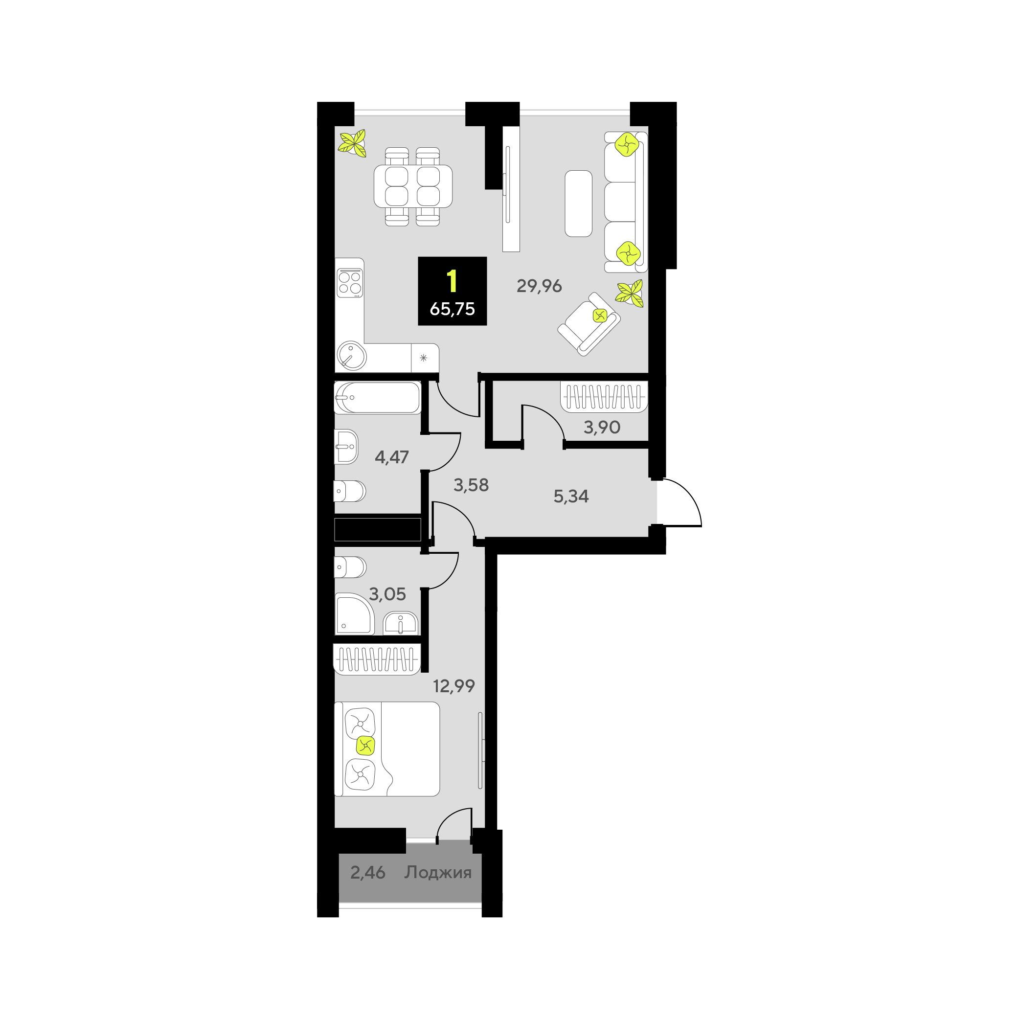 Планировка: Евродвушка 65.8 м² в ЖК Окинава, 5-й Заречный