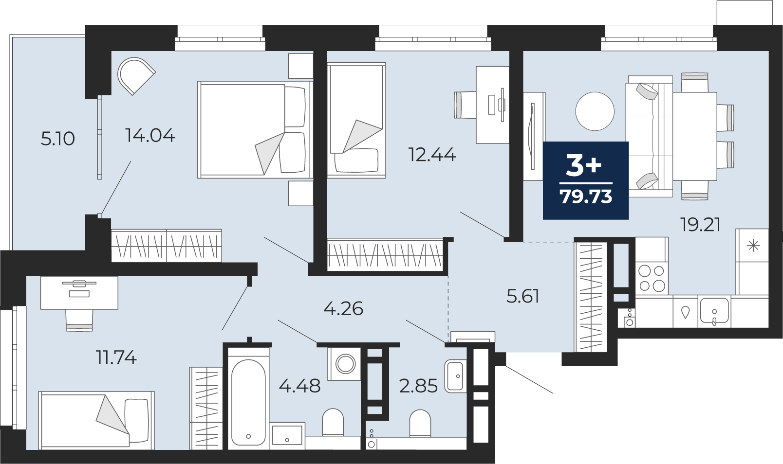 Планировка: 4-комнатная евро 79.7 м² в ЖК Прео, Тюменская слобода