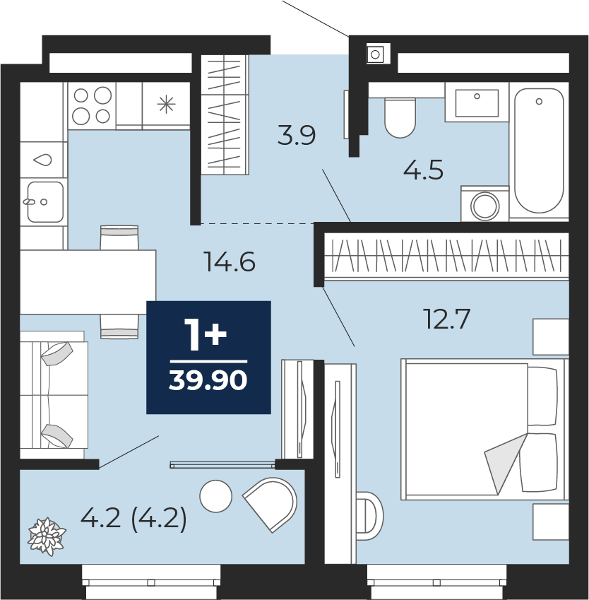 Планировка: Евродвушка 39.9 м² в ЖК Мириады, Мыс