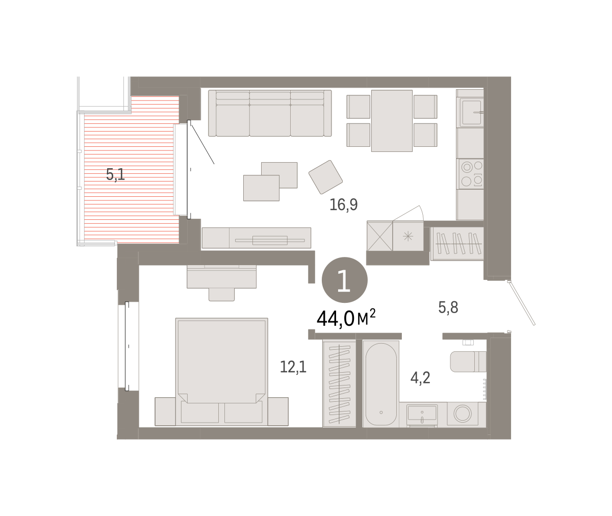 Планировка: Евродвушка 44 м² в ЖК На Минской, Центр: Драмтеатр