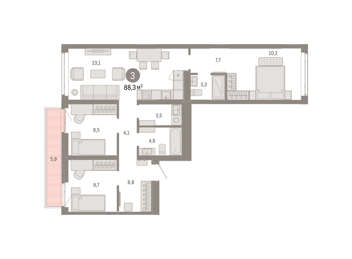 Планировка: 3-комнатная 88.3 м² в ЖК Республики 205, Центр: КПД