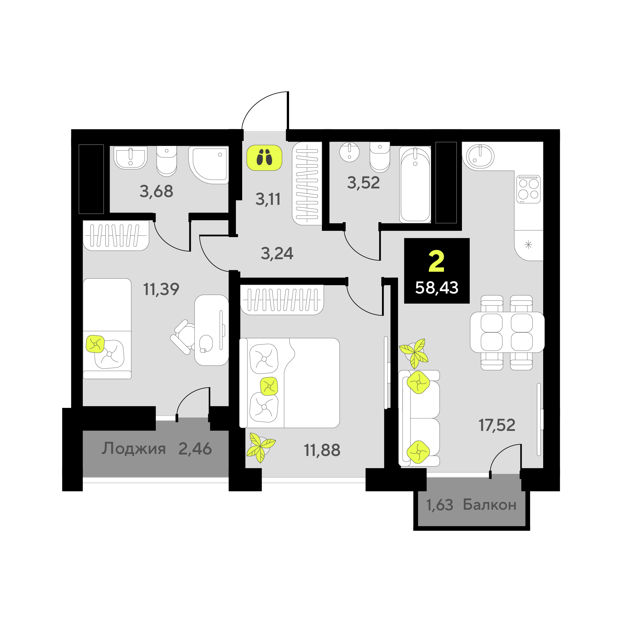 Планировка: Евротрешка 58.4 м² в ЖК Окинава, 5-й Заречный