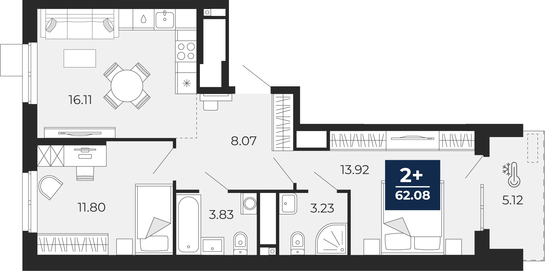 Планировка: Евротрешка 62.1 м² в ЖК Мириады, Мыс