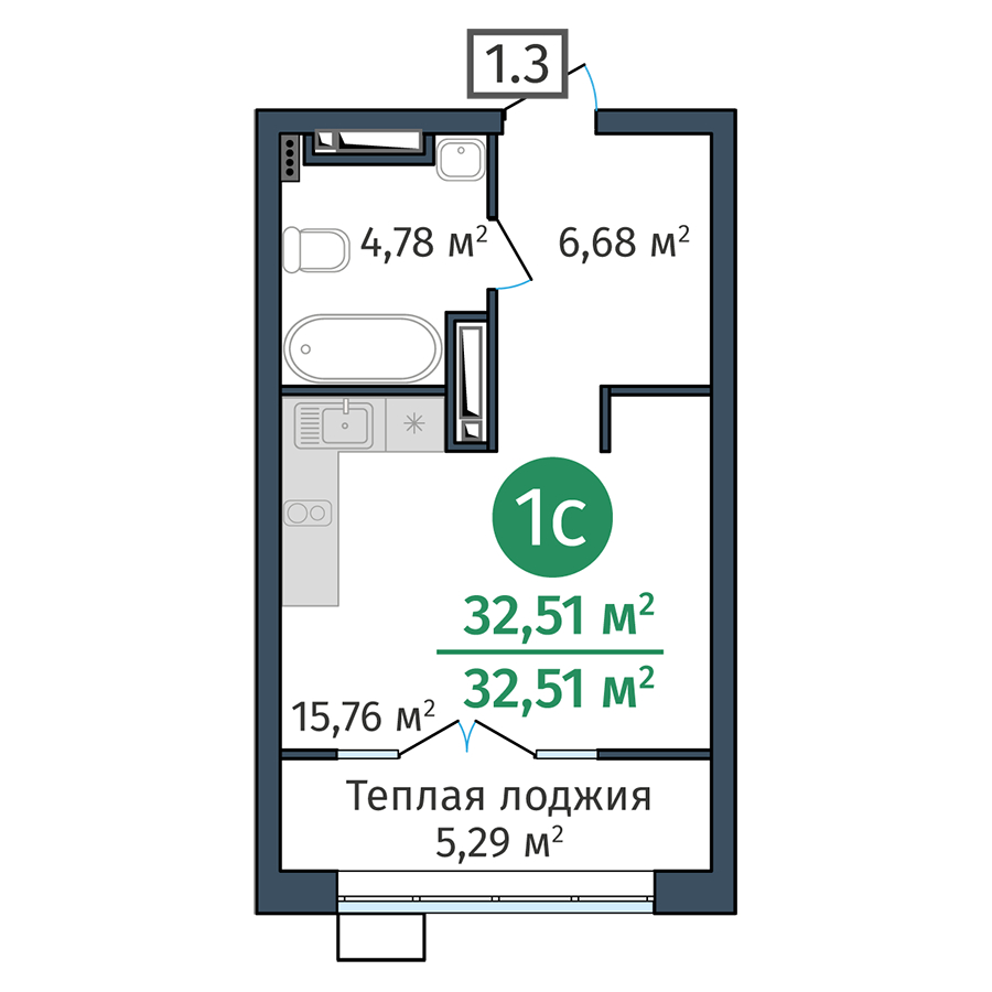 Планировка: Студия 32.5 м² в ЖК DOK, ДОК