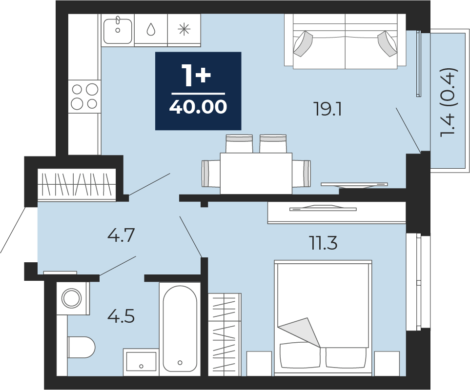 Планировка: Евродвушка 41 м² в ЖК Мириады, Мыс
