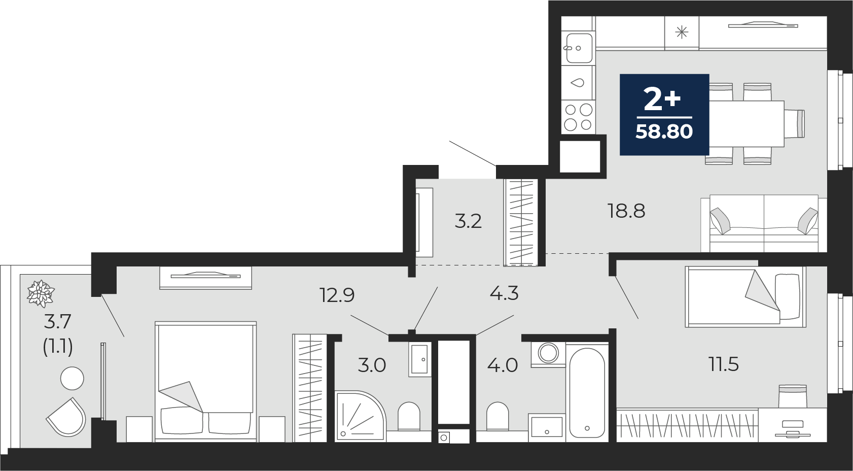 Планировка: Евротрешка 61.4 м² в ЖК Мириады, Мыс