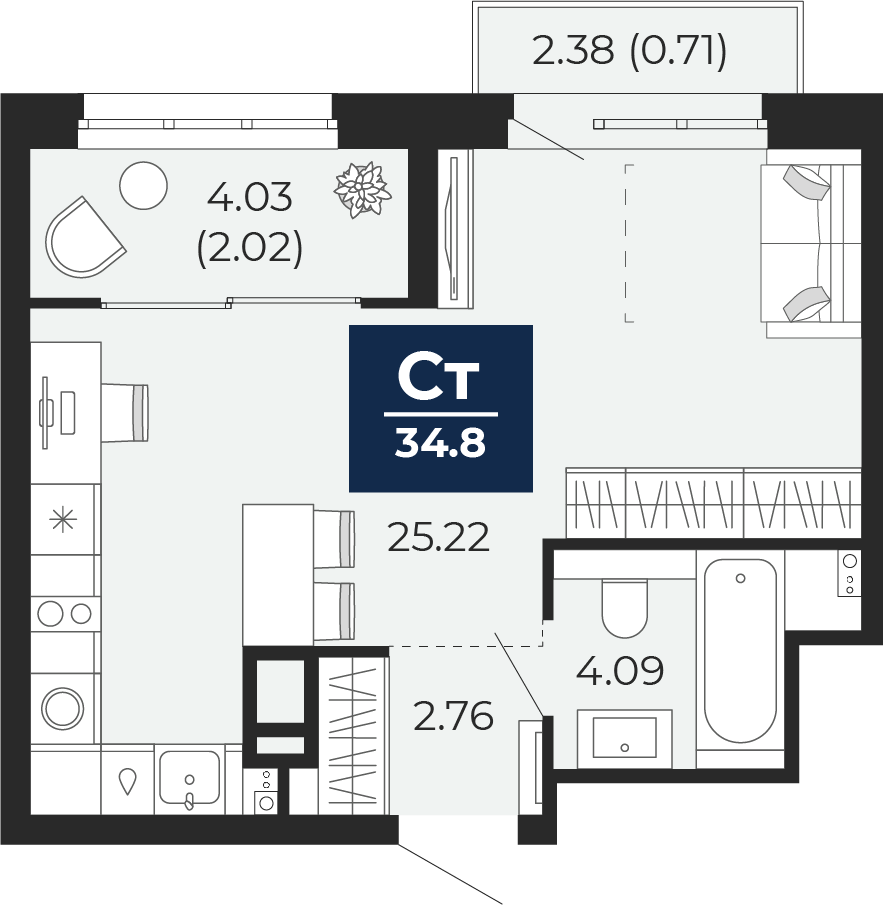 Планировка: Студия 38.5 м² в ЖК Беринг, Лесобаза