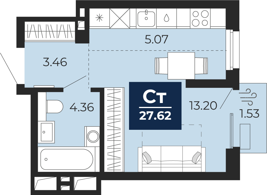 Планировка: Студия 27.6 м² в ЖК Беринг, Лесобаза